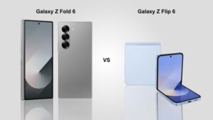 A gray Samsung Galaxy Z Fold 6 next to a blue Samsung Galaxy Z Flip 6.