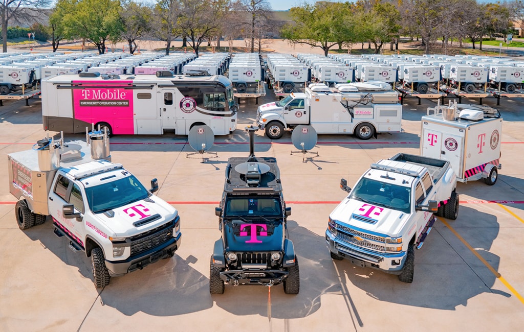 Large fleet of heavy-duty emergency vehicles and portable generators all branded with the mobile365 logo